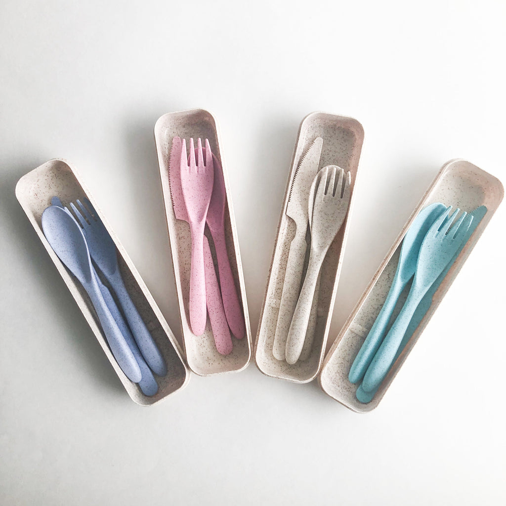 Wheat Straw Reusable Cutlery Set — Fork, Knife & Spoon with Travel Case