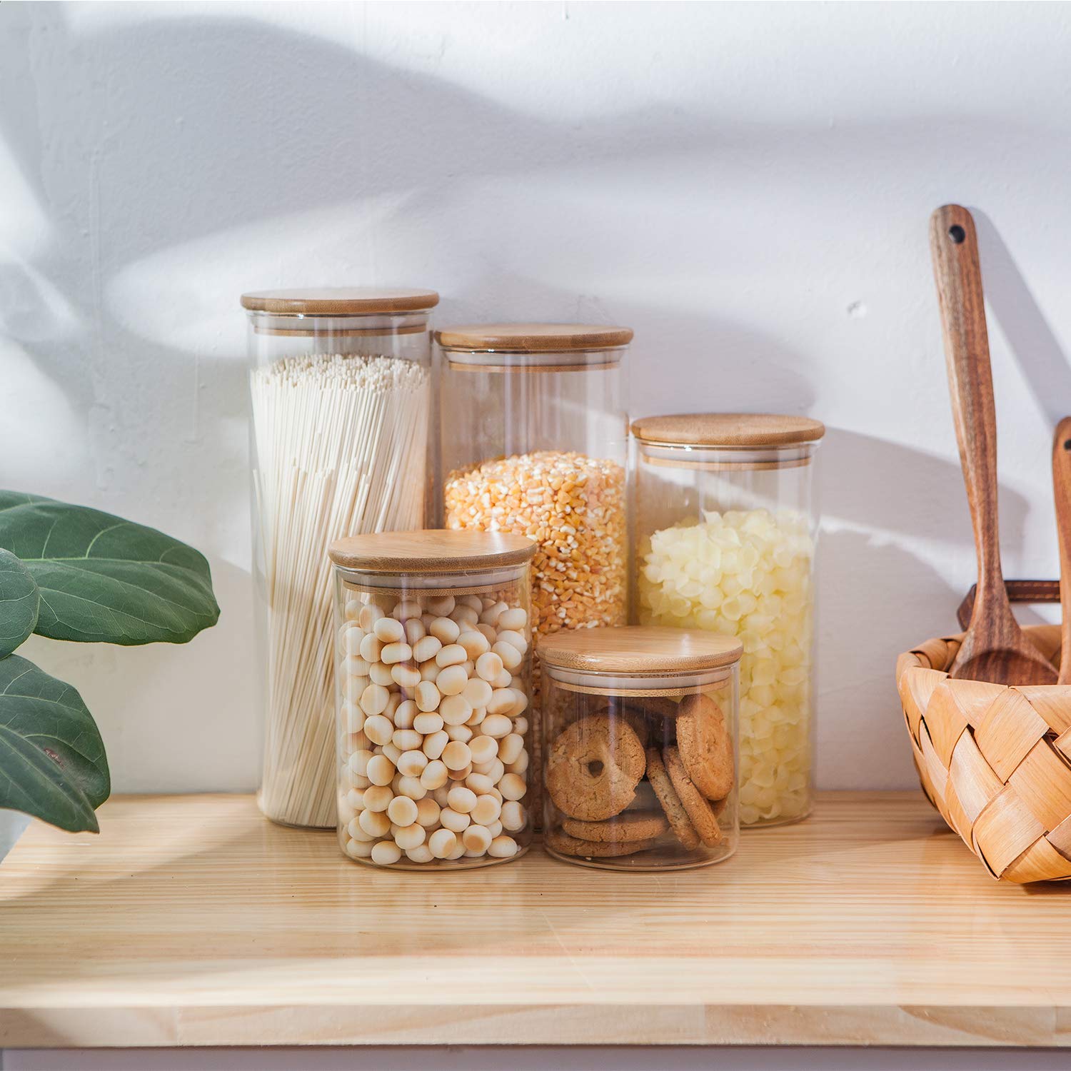 Glass Storage Jar Set with Bamboo Lids — 5 Airtight Containers