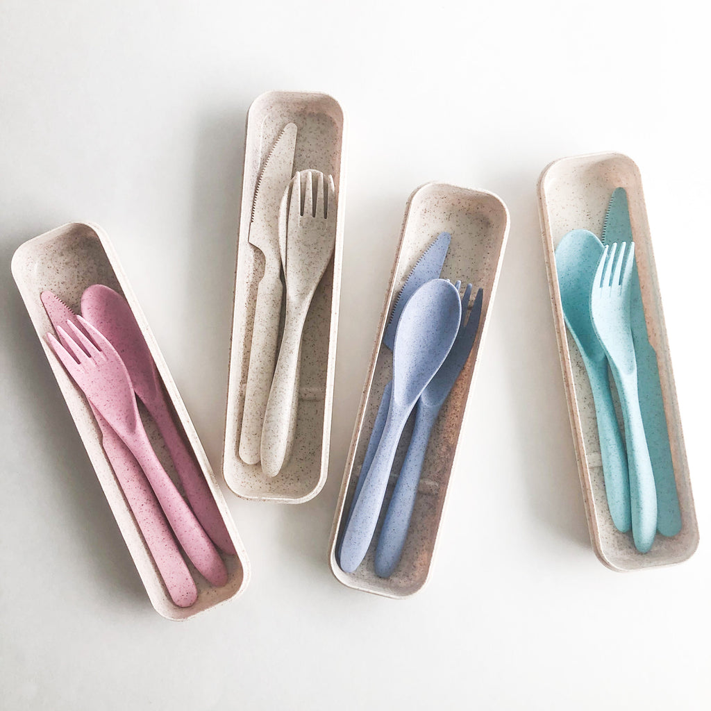 Wheat Straw Reusable Cutlery Set — Fork, Knife & Spoon with Travel Case