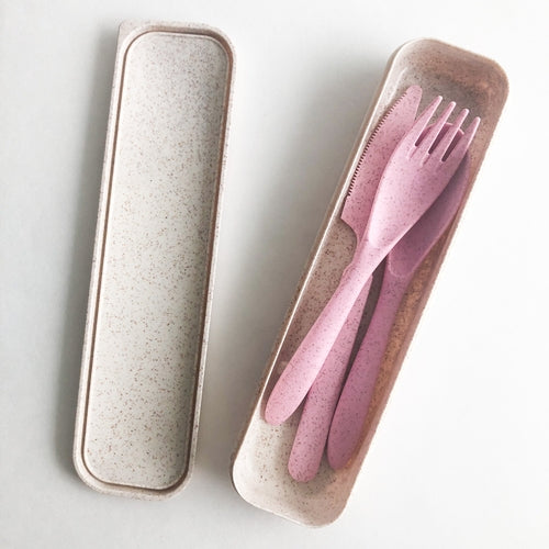Wheat Straw Reusable Cutlery Set — Fork, Knife & Spoon with Travel Case