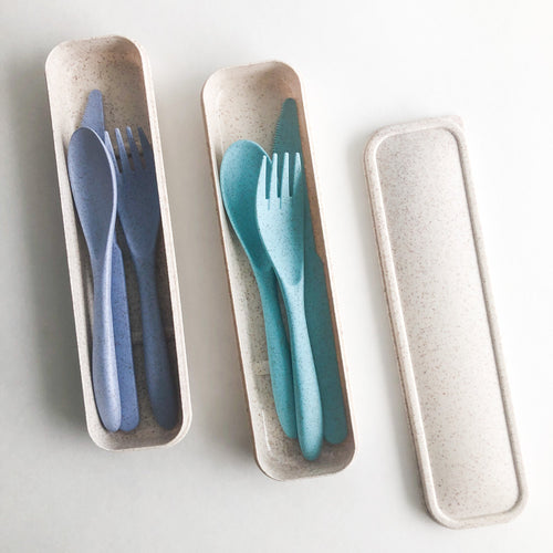 Wheat Straw Reusable Cutlery Set — Fork, Knife & Spoon with Travel Case