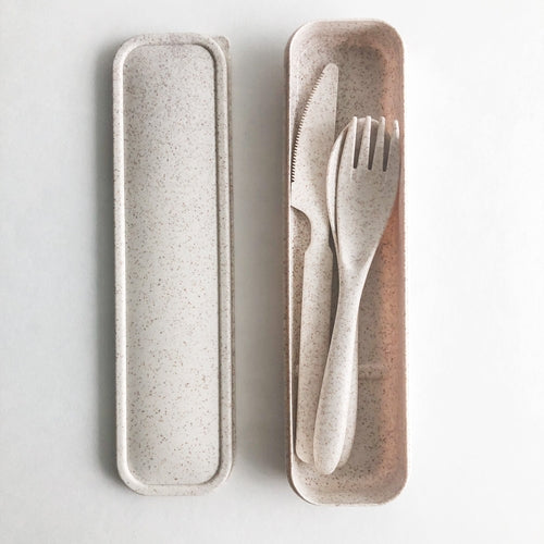 Wheat Straw Reusable Cutlery Set — Fork, Knife & Spoon with Travel Case